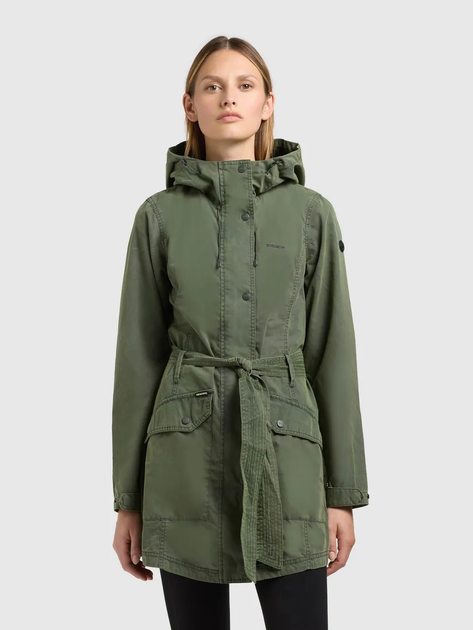 khujo-prea-damen-jacke-black-olive-sommerparka-trenchcoat-mit-kapuze image 1