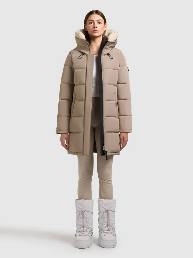 khujo-kelsi-damen-coat-greige-kurzer-steppmantel-mit-kunstfell-kapuze image 1
