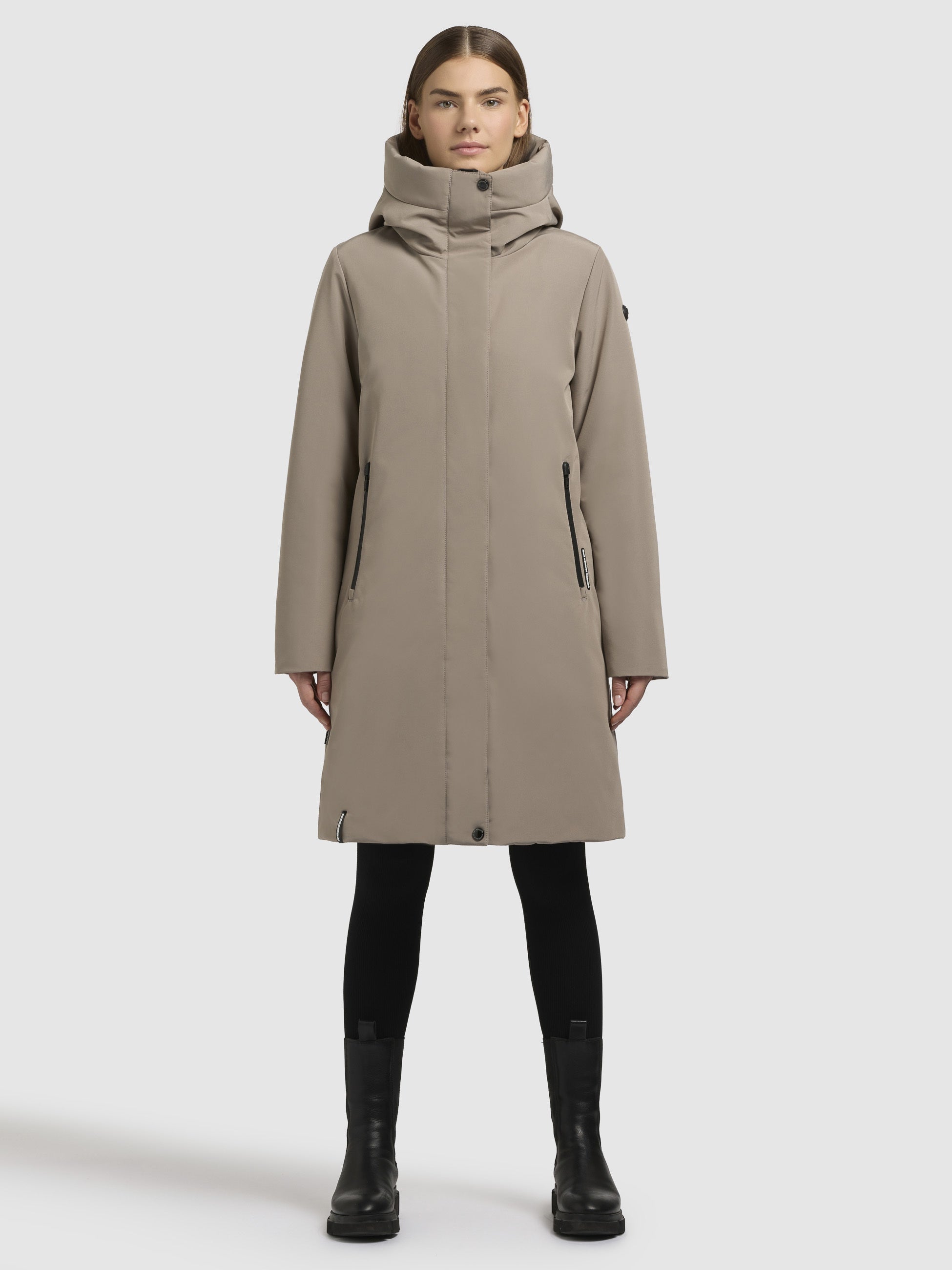 khujo-mantel-nellen-grey-beige-wattierter-damen-wintermantel-knielang-mit-kapuze image 1