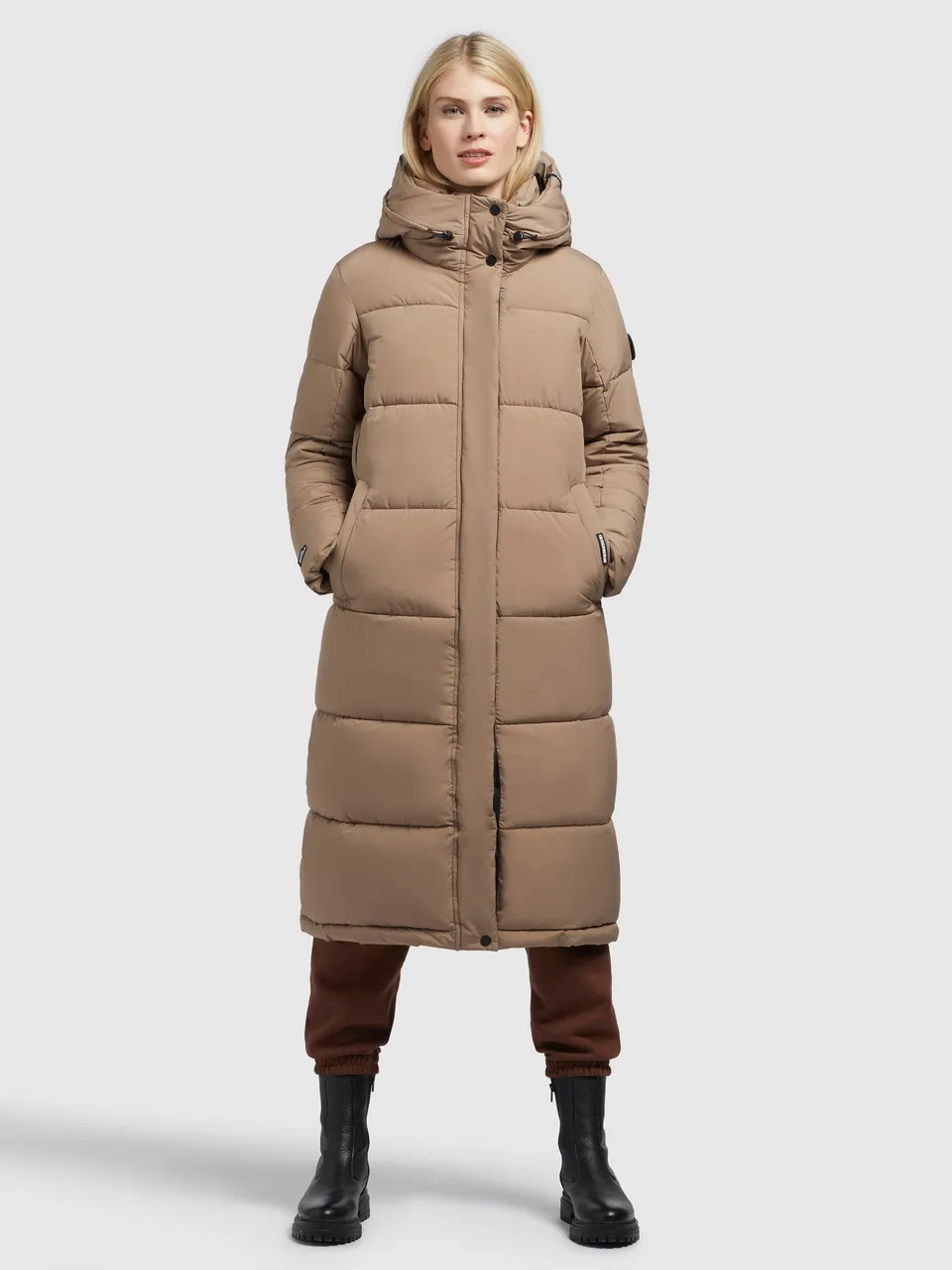khujo-mantel-tione-beige-steppmantel-knielang-mit-fleece-und-kapuze image 1