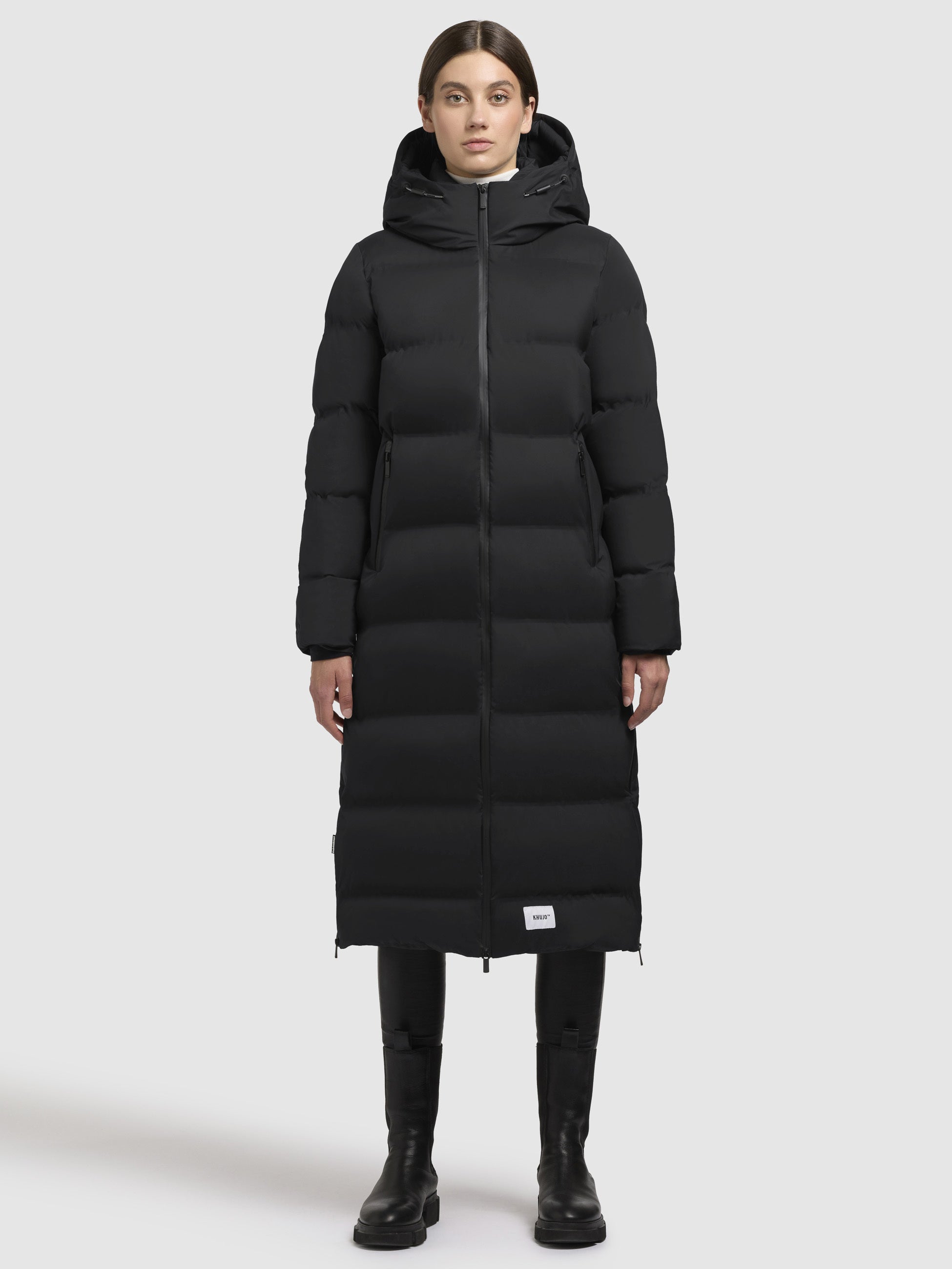 khujo-larea3-mantel-black-wadenlanger-wattierter-damen-steppmantel image 1
