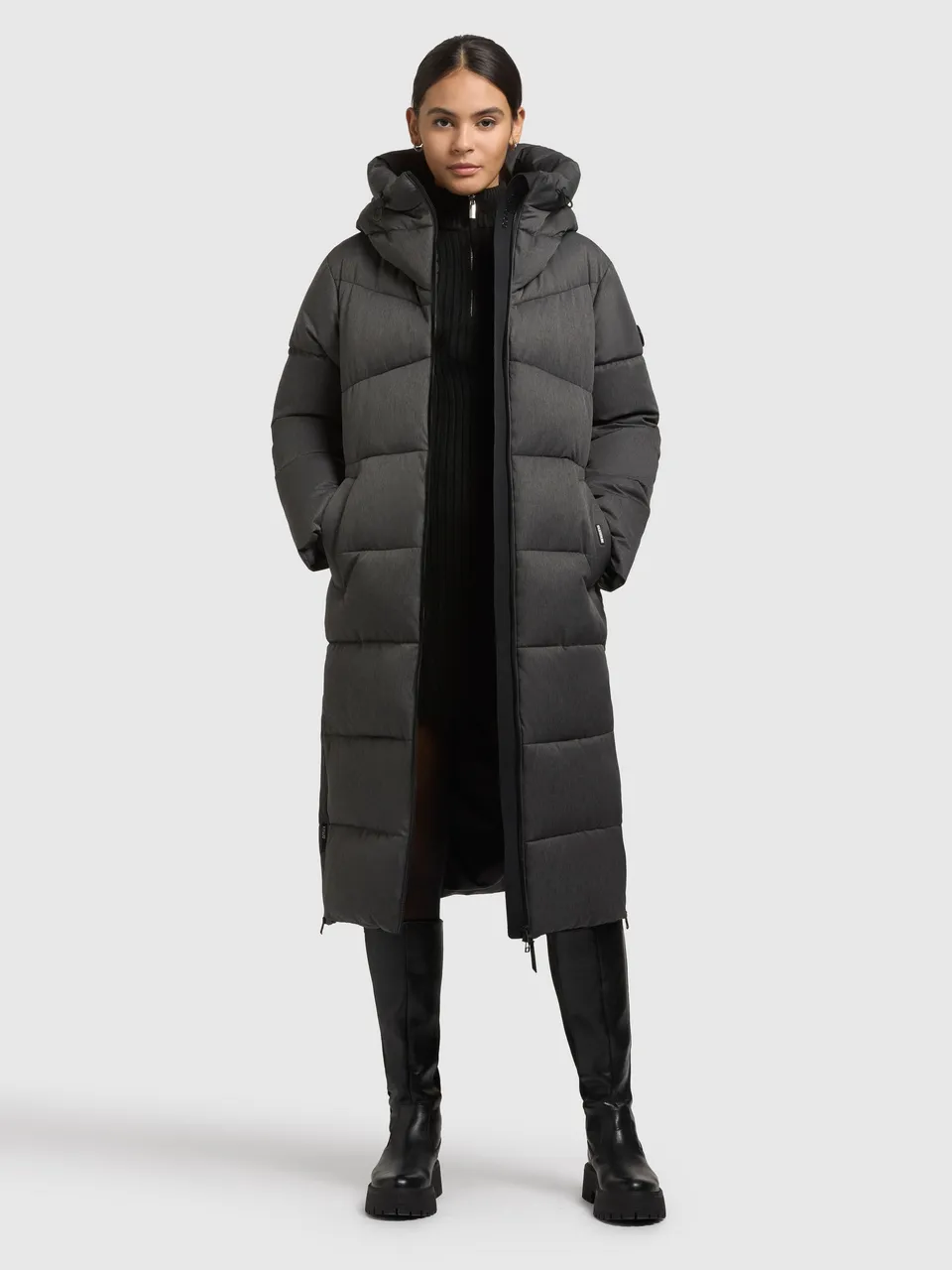 khujo-lima-damen-mantel-dark-melange-grey-knielanger-steppmantel-mit-kapuze image 1