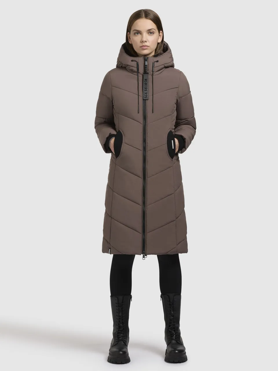 khujo-mantel-aribay5-taupe-dunkel-damen-steppjacke-lang-mit-strick image 1