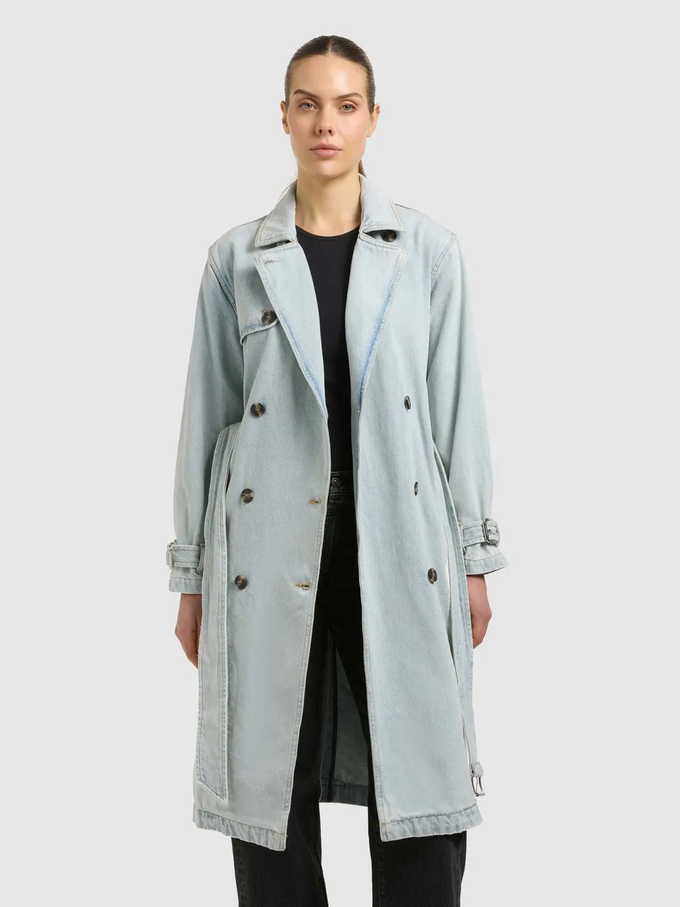 khujo-hera-damen-mantel-bleached-blue-jeans-trench-aus-denim-lang image 1