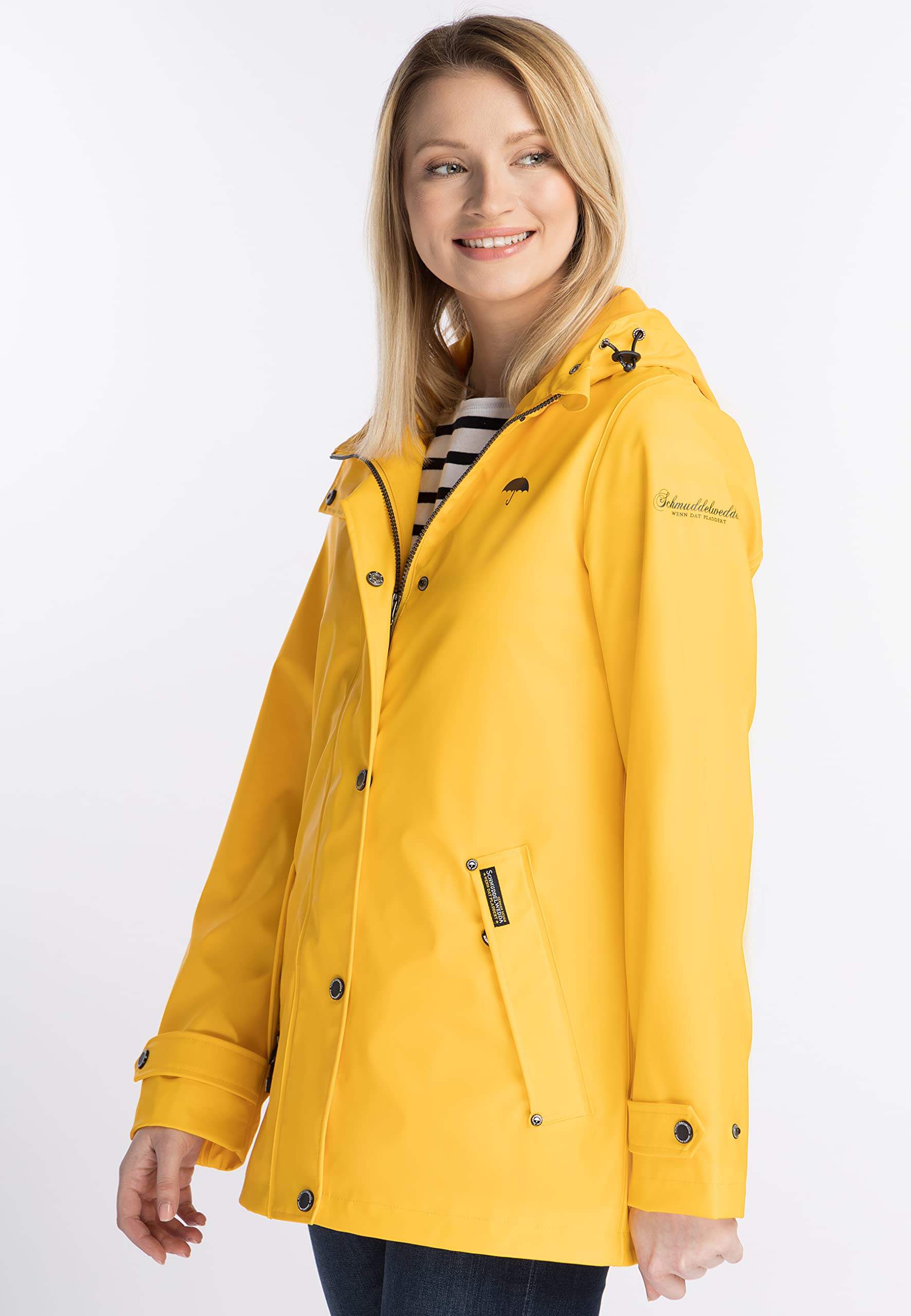 schmuddelwedda-damen-regenjacke-wasserdicht-mit-kapuze-rei-verschluss-und-druckk image 2