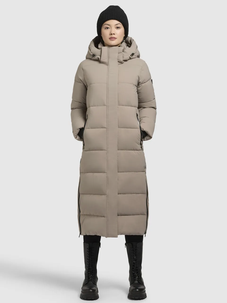khujo-coat-dote-matt-wadenlanger-steppmantel-in-gray-beige-mit-abnehmbarer-kapuz image 1