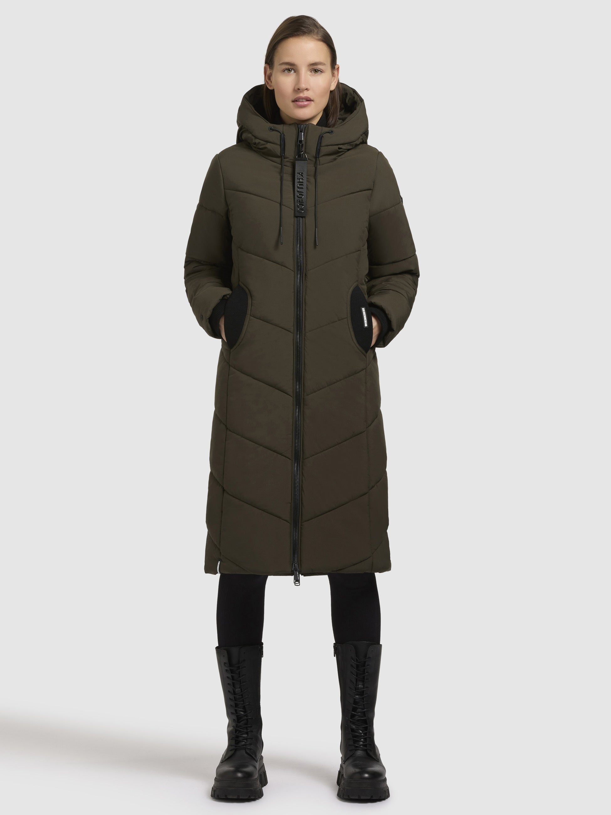 khujo-mantel-aribay5-khaki-lange-damen-steppjacke-mit-strick image 1