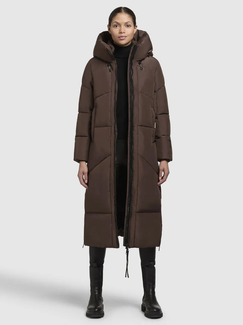 khujo-mantel-prayce-dunkelbraun-damen-steppmantel-lang-mit-kapuze image 1