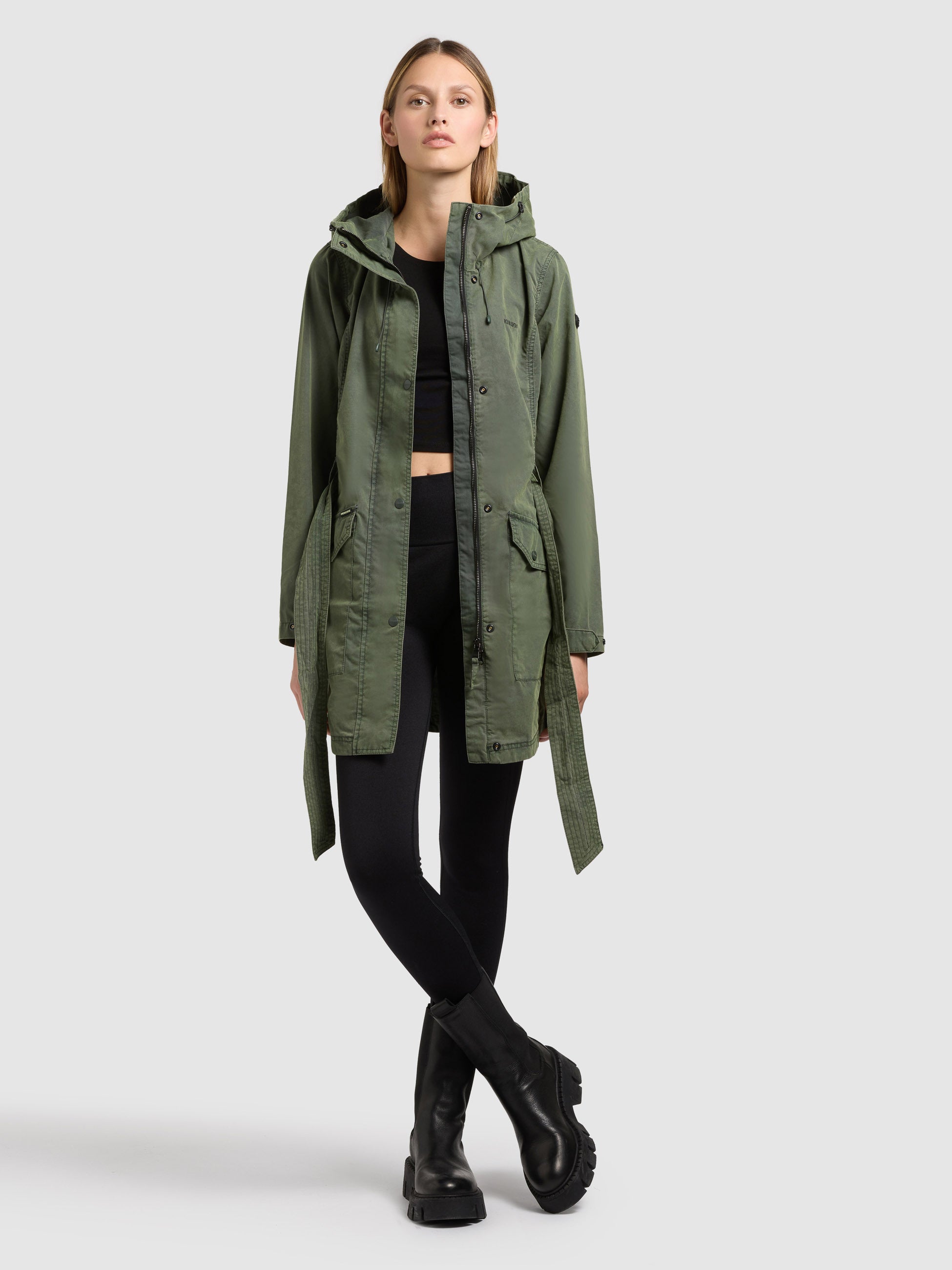 khujo-prea-damen-jacke-black-olive-sommerparka-trenchcoat-mit-kapuze image 2