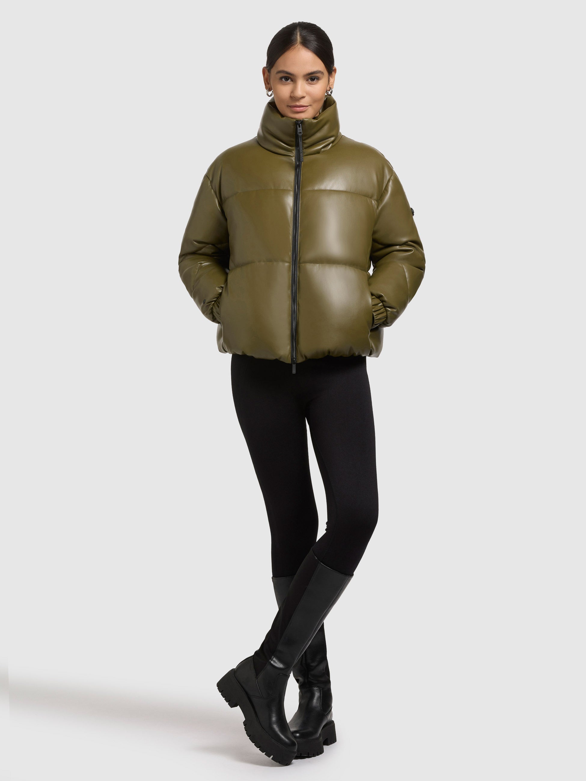 khujo-khalia-damen-jacke-olive-steppjacke-lederoptik-loose-fit image 2