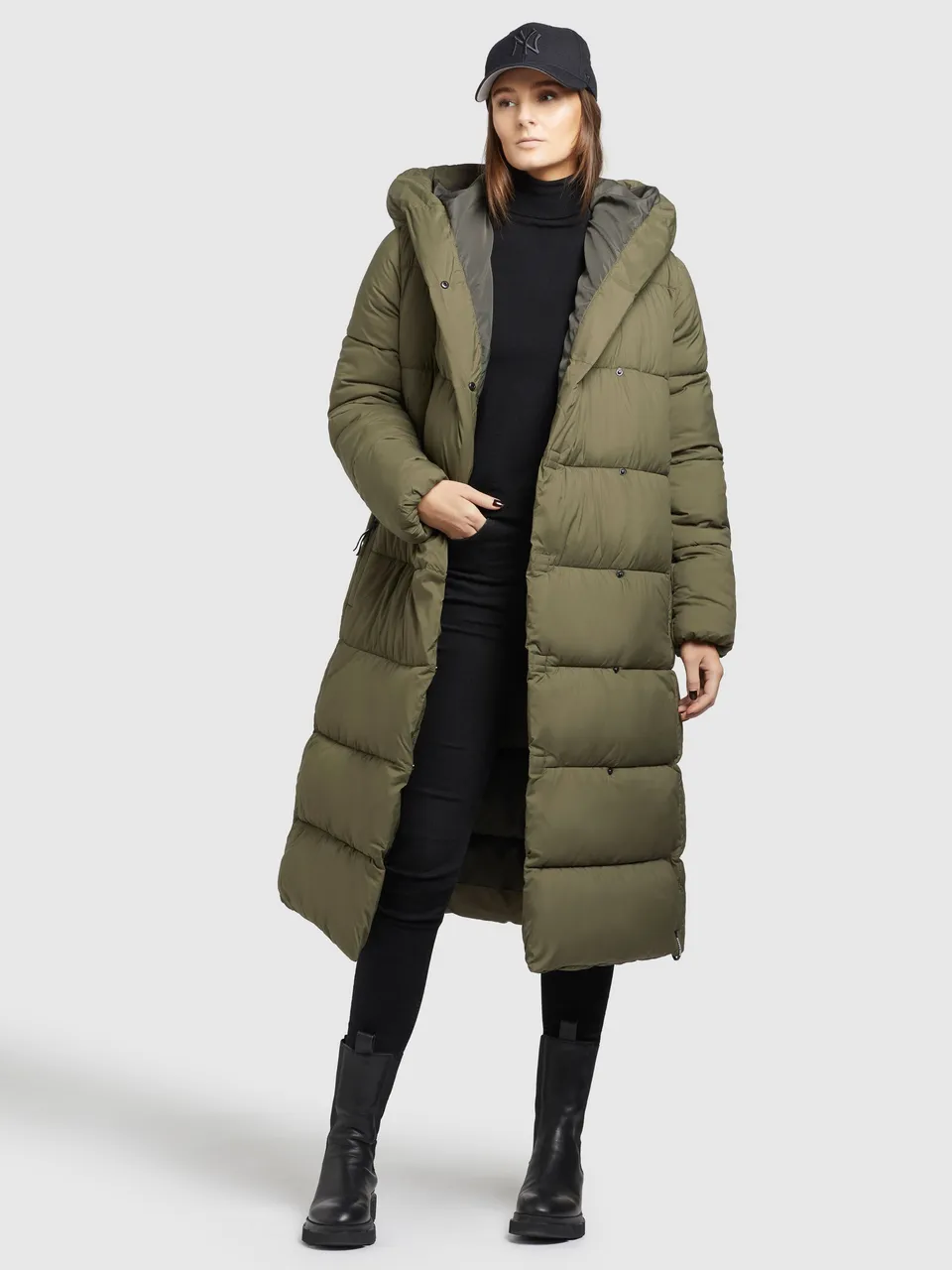 khujo-coat-vares-khaki-damen-steppmantel-wadenlang-mit-kapuze image 1