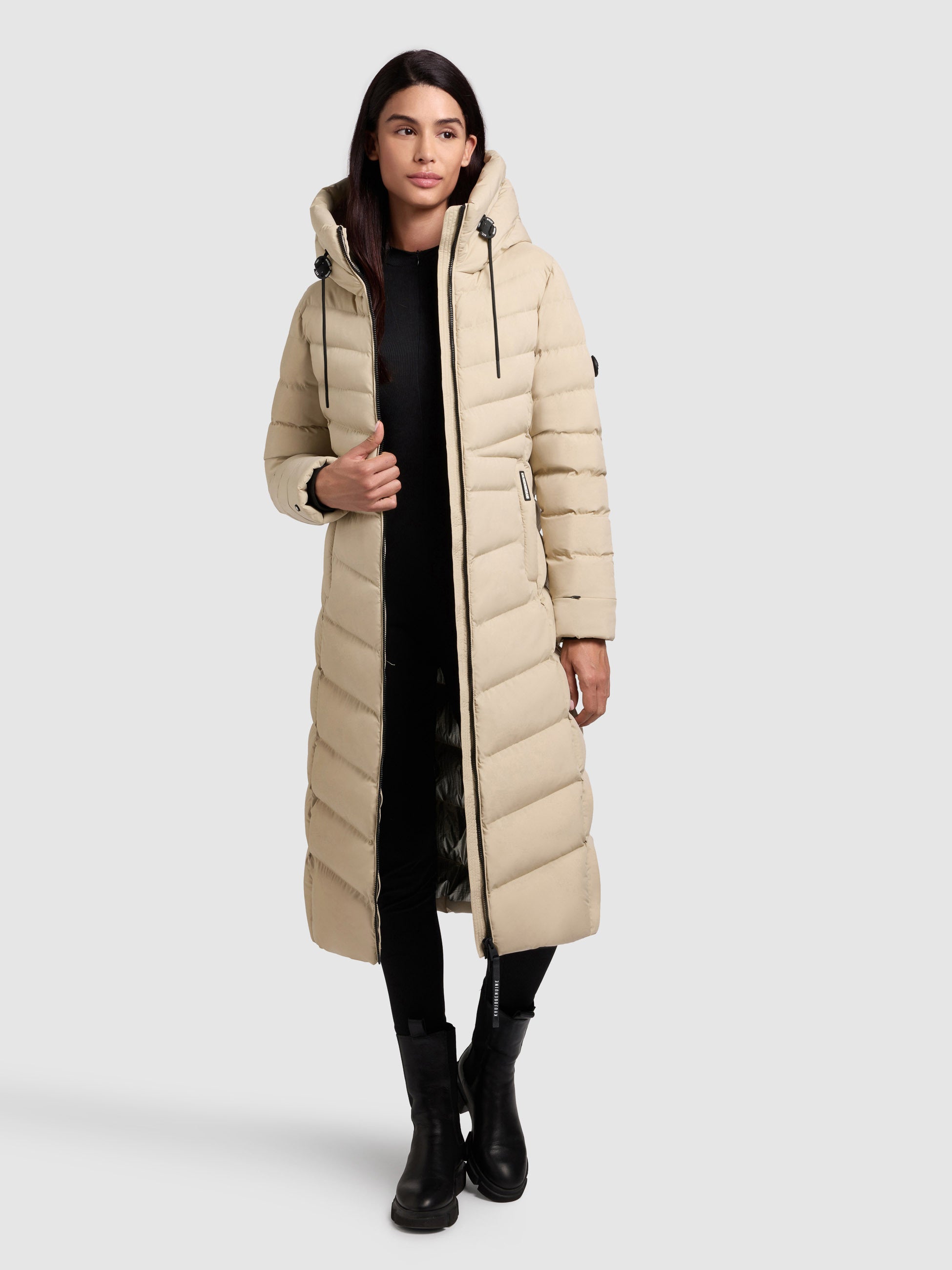 khujo-mantel-ingram4-beige-taillierter-damen-steppmantel-knielang-mit-kapuze image 6