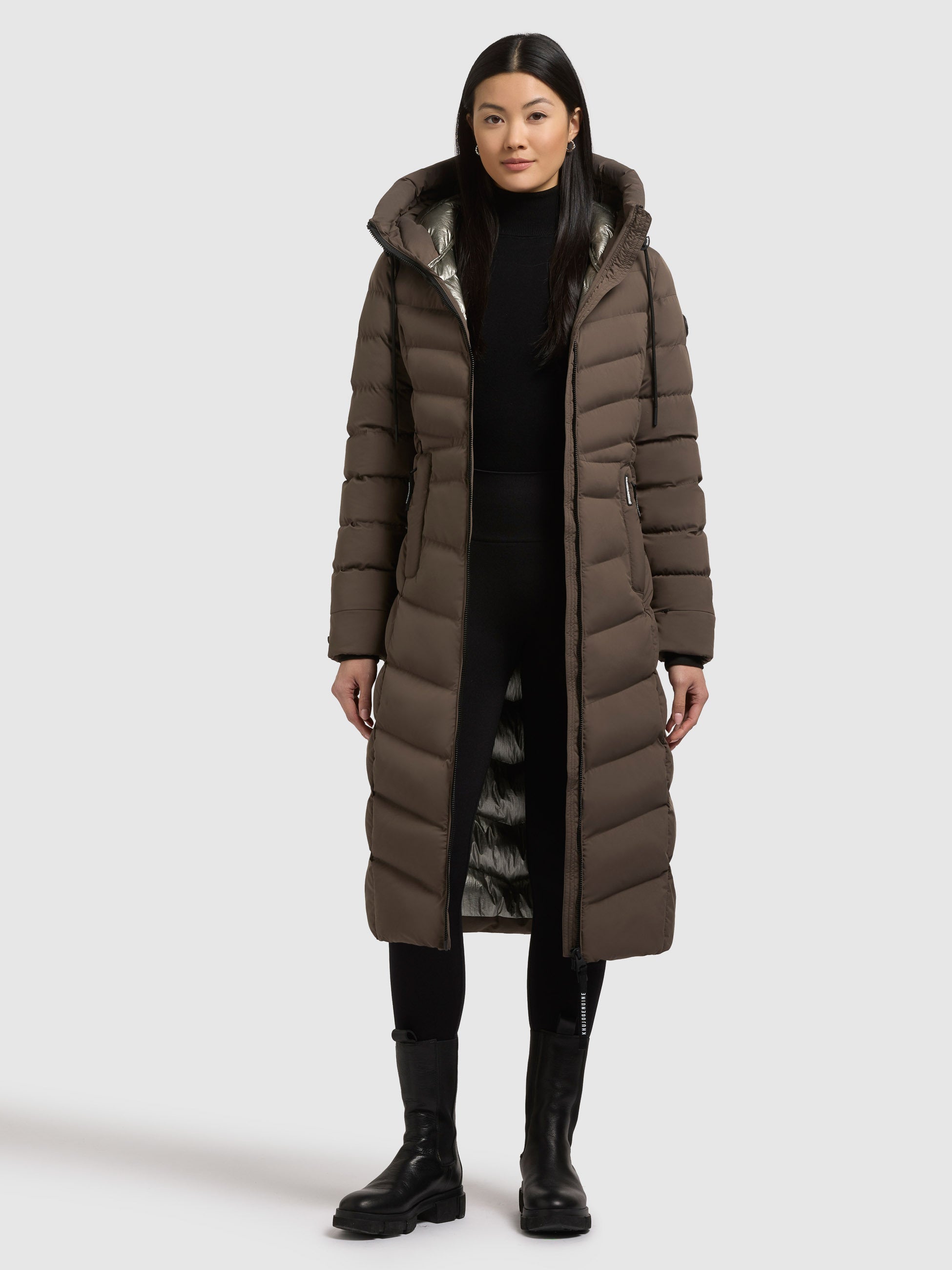 khujo-mantel-ingram5-dull-green-wadenlanger-damen-steppmantel-tailliert image 1