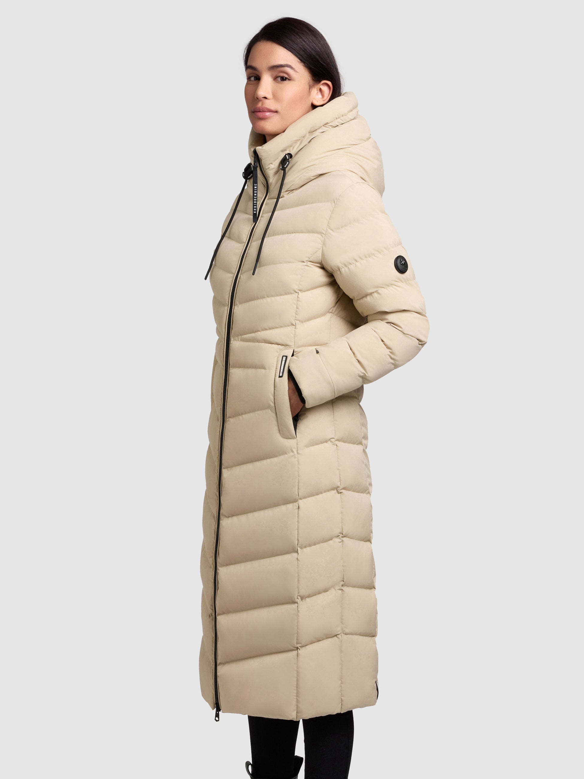 khujo-mantel-ingram4-beige-taillierter-damen-steppmantel-knielang-mit-kapuze image 5