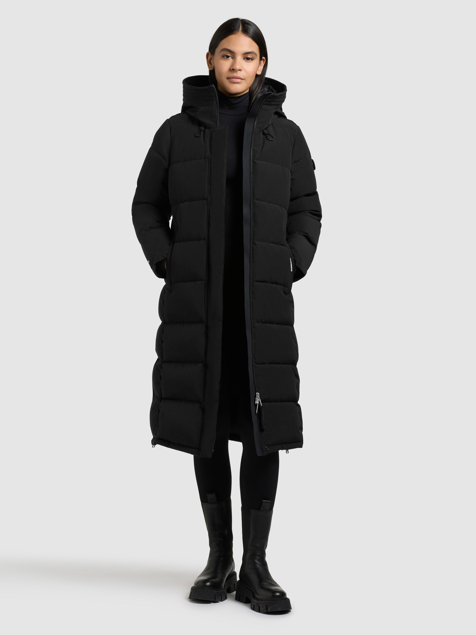 khujo-mantel-devion2-black-knielanger-steppmantel-damen-schwarz-mit-kapuze image 1