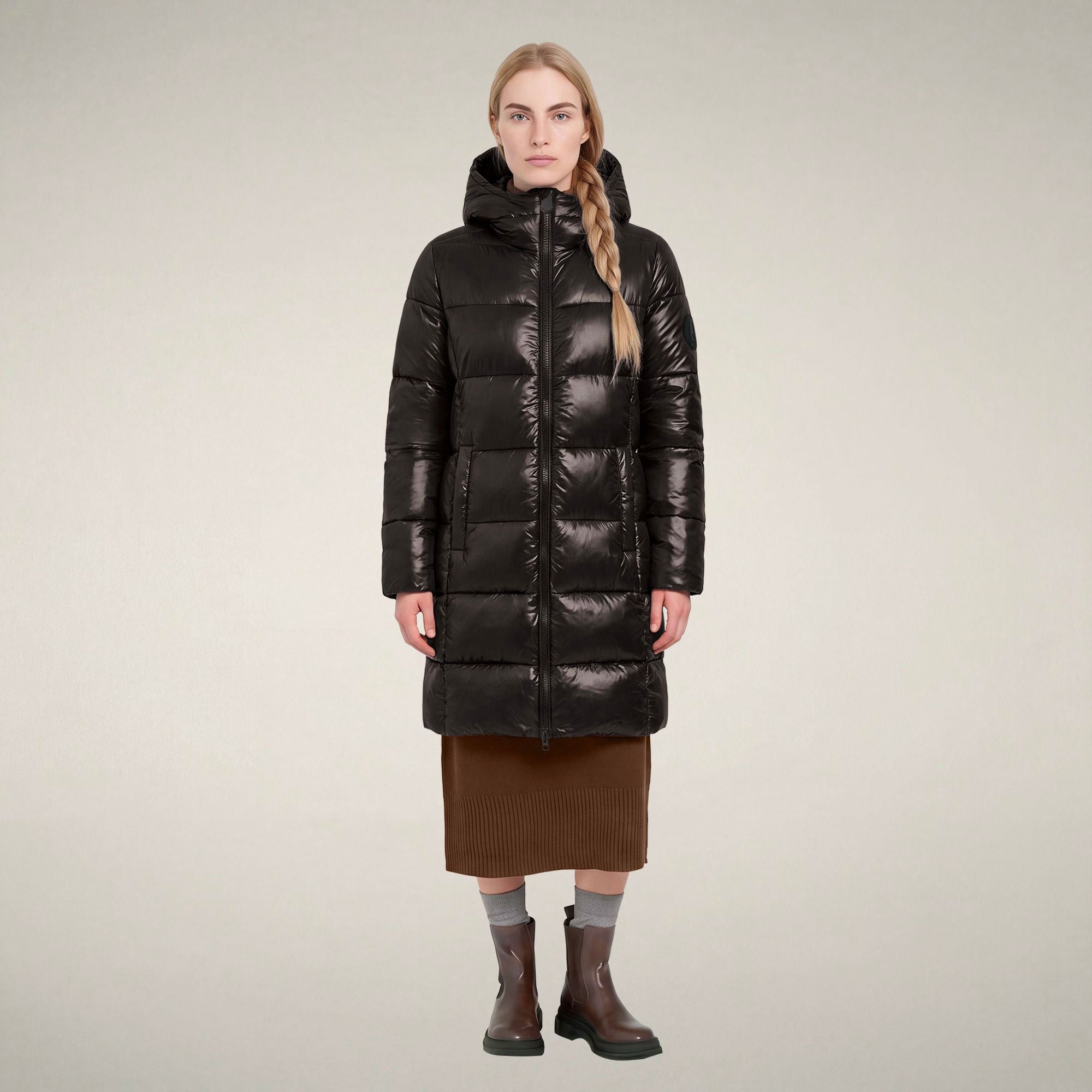 save-the-duck-ines-damen-daunenmantel-lang-braun-schwarz image 1