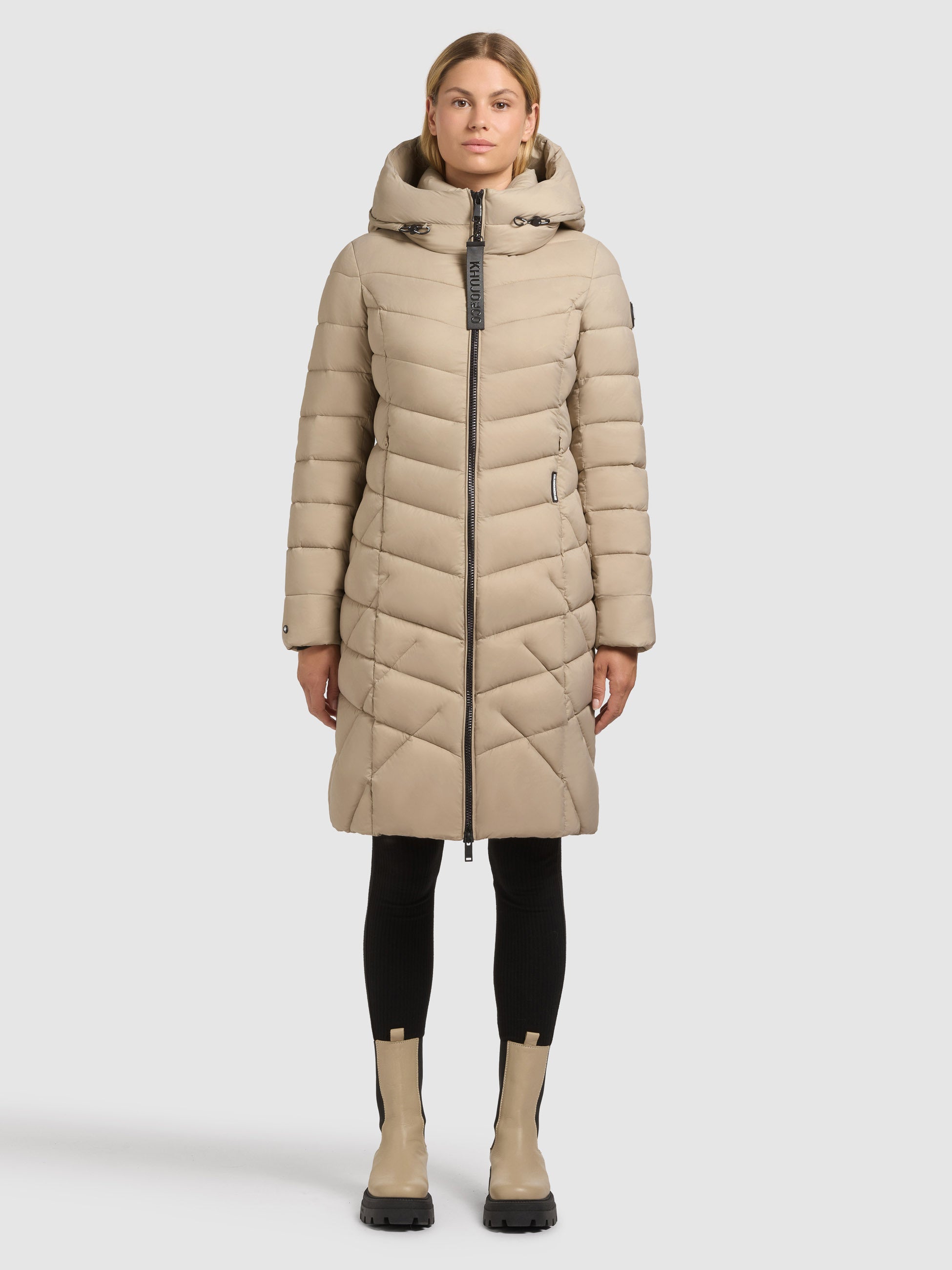 khujo-mantel-odana3-beige-knielanger-damen-steppmantel-mit-kapuze image 1
