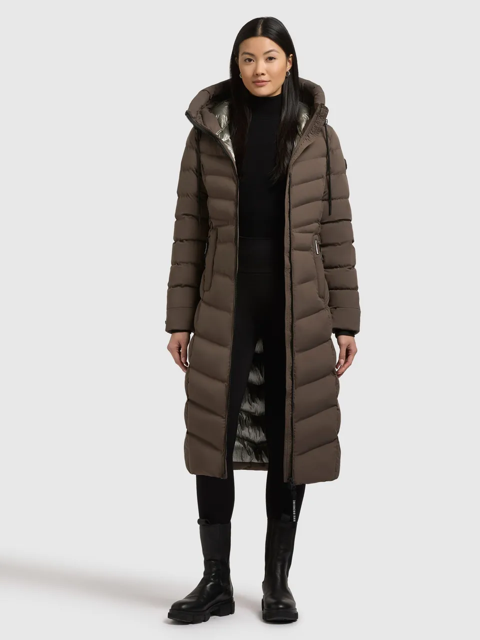 khujo-mantel-ingram5-dull-green-wadenlanger-damen-steppmantel-tailliert image 1
